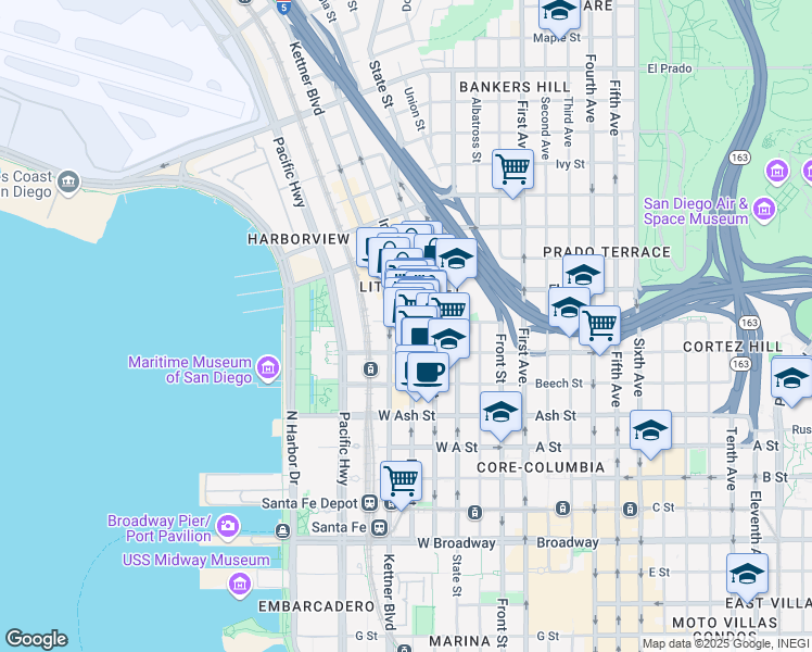 map of restaurants, bars, coffee shops, grocery stores, and more near 1660 India Street in San Diego