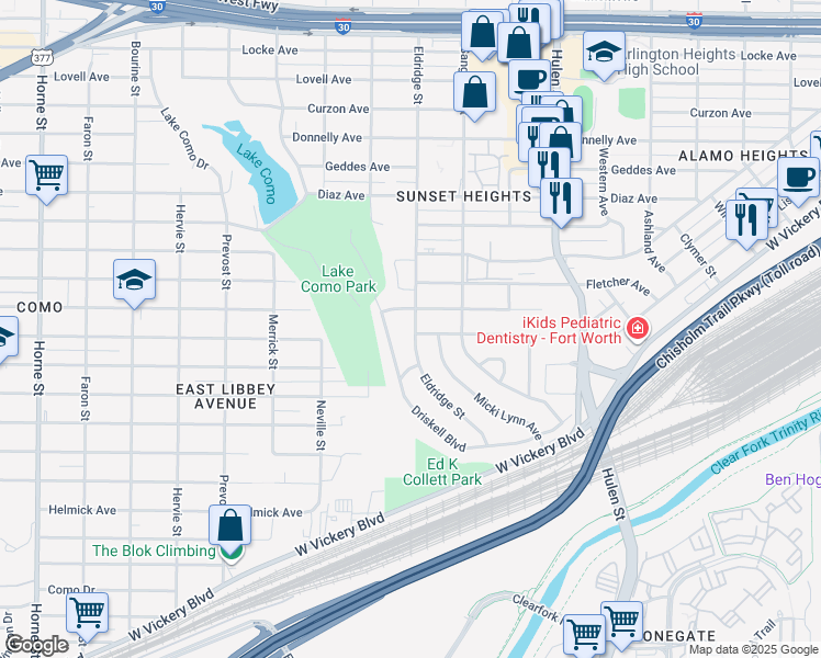 map of restaurants, bars, coffee shops, grocery stores, and more near 3812 Eldridge Street in Fort Worth