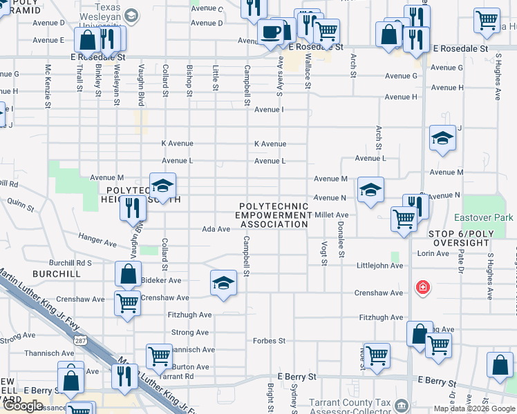 map of restaurants, bars, coffee shops, grocery stores, and more near 3620 Millet Avenue in Fort Worth