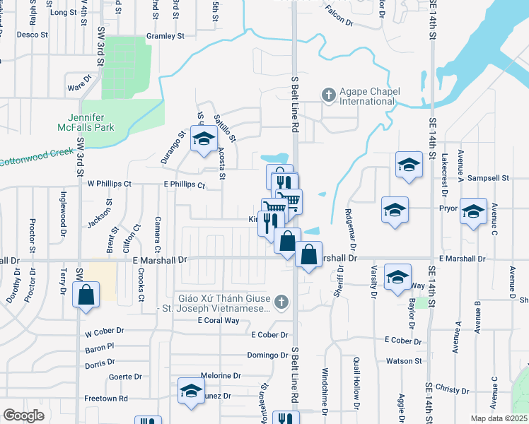 map of restaurants, bars, coffee shops, grocery stores, and more near 701 Kingston Drive in Grand Prairie