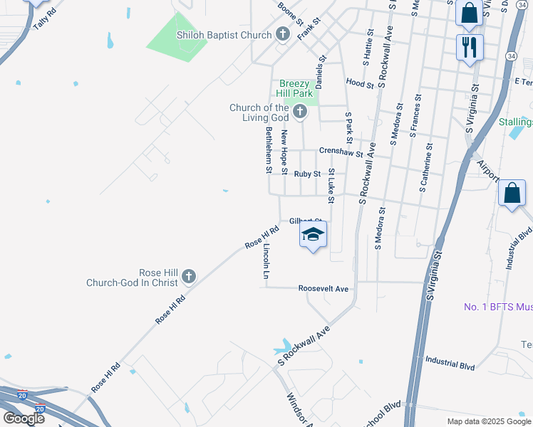 map of restaurants, bars, coffee shops, grocery stores, and more near 1100 Rosehill Road in Terrell