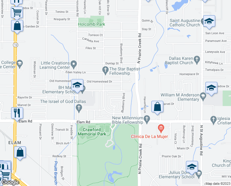 map of restaurants, bars, coffee shops, grocery stores, and more near 8719 Buckeye Drive in Dallas