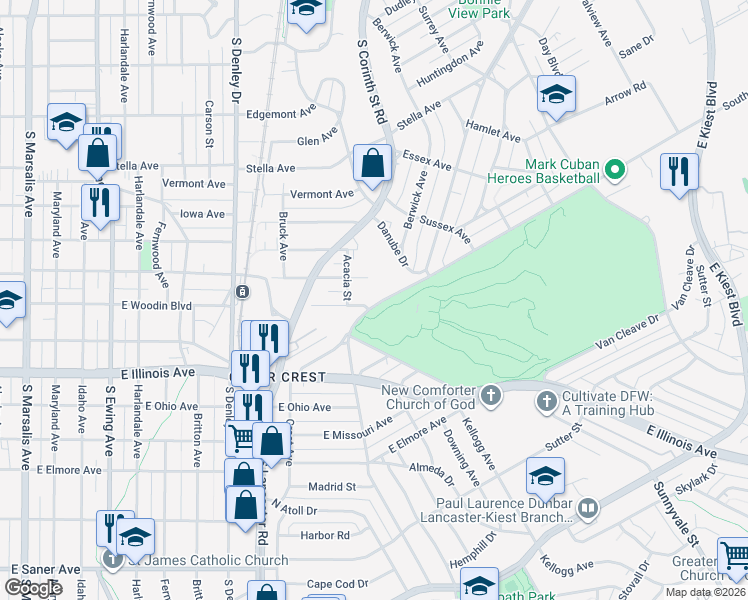 map of restaurants, bars, coffee shops, grocery stores, and more near 1627 East Woodin Boulevard in Dallas