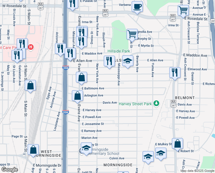 map of restaurants, bars, coffee shops, grocery stores, and more near 1036 East Baltimore Avenue in Fort Worth