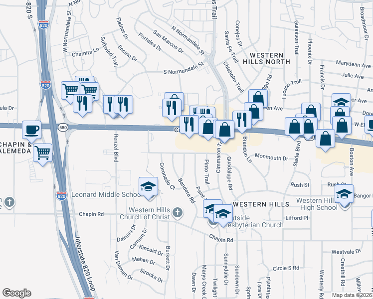 map of restaurants, bars, coffee shops, grocery stores, and more near 8709 Guadalupe Road in Fort Worth