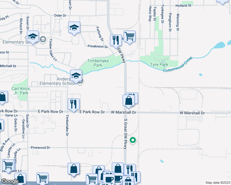 map of restaurants, bars, coffee shops, grocery stores, and more near 1600 South Great Southwest Parkway in Grand Prairie