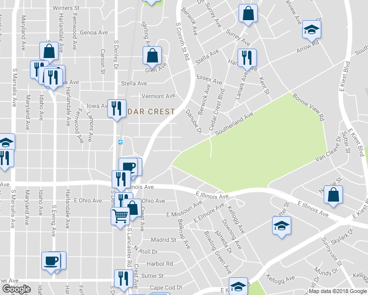 map of restaurants, bars, coffee shops, grocery stores, and more near 1627 East Woodin Boulevard in Dallas