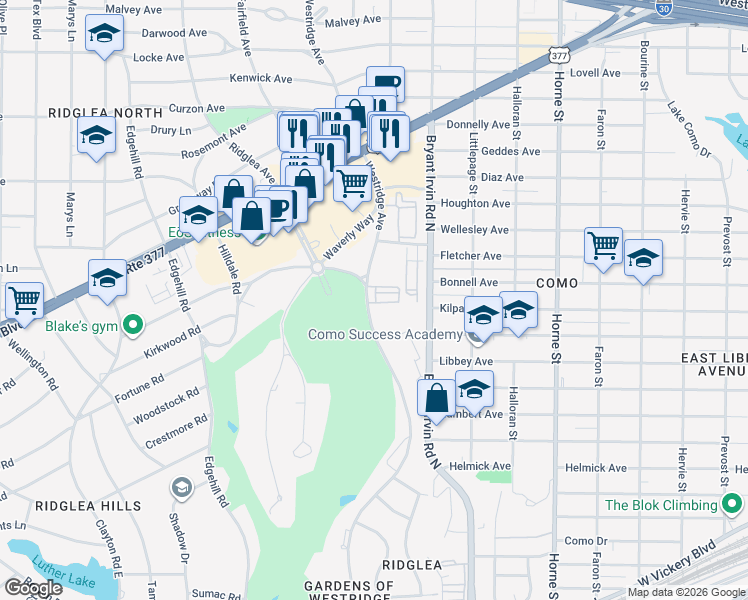 map of restaurants, bars, coffee shops, grocery stores, and more near 3815 Westridge Avenue in Fort Worth