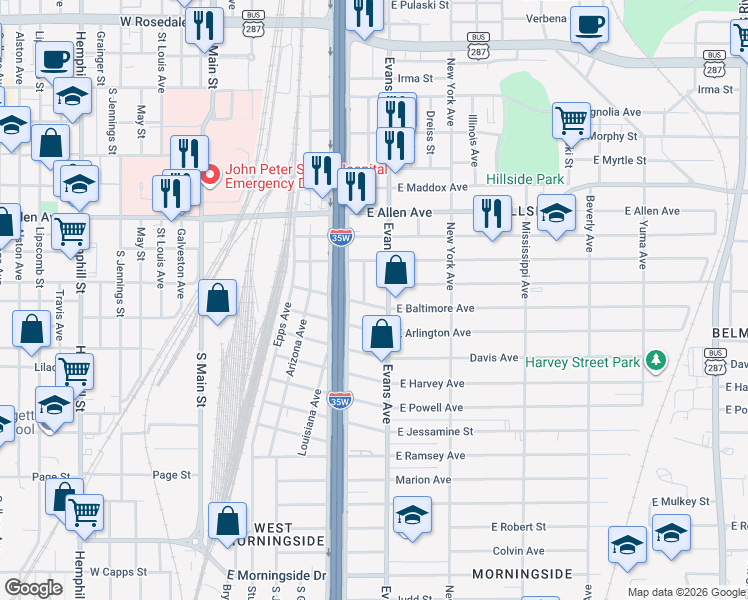 map of restaurants, bars, coffee shops, grocery stores, and more near 2100 Evans Avenue in Fort Worth