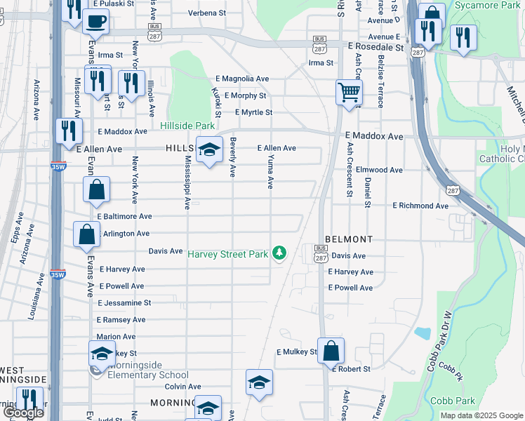 map of restaurants, bars, coffee shops, grocery stores, and more near 1336 East Baltimore Avenue in Fort Worth