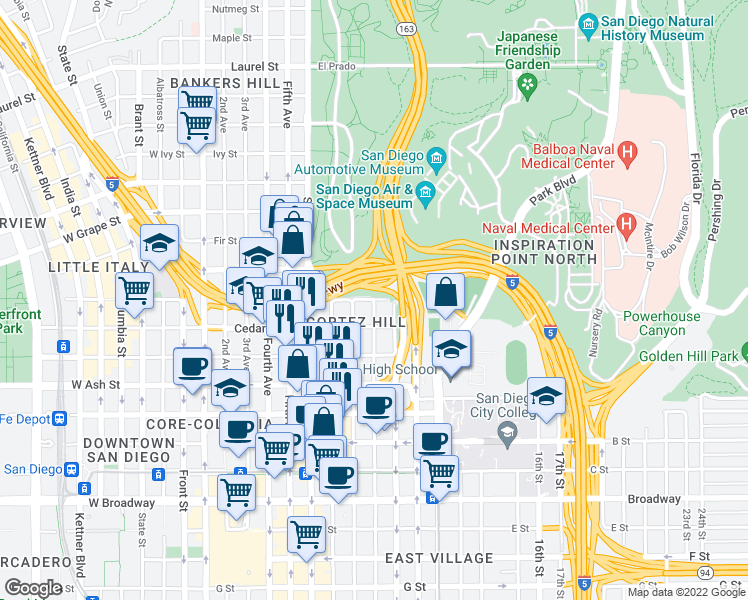 map of restaurants, bars, coffee shops, grocery stores, and more near 9th Avenue & Date Street in San Diego