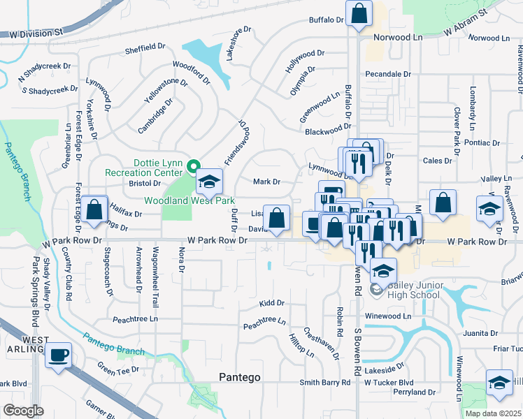 map of restaurants, bars, coffee shops, grocery stores, and more near 2916 Lisa Lane in Arlington