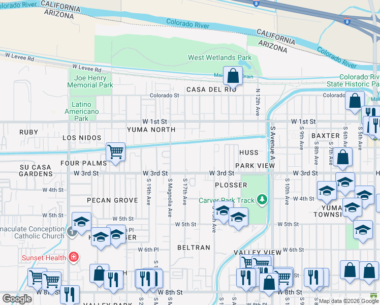 map of restaurants, bars, coffee shops, grocery stores, and more near 261 South 17th Avenue in Yuma