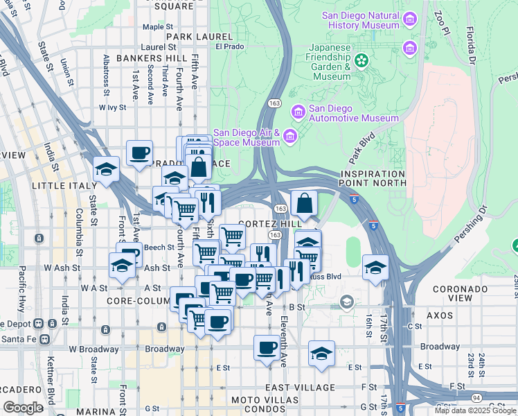 map of restaurants, bars, coffee shops, grocery stores, and more near 1640 Tenth Avenue in San Diego