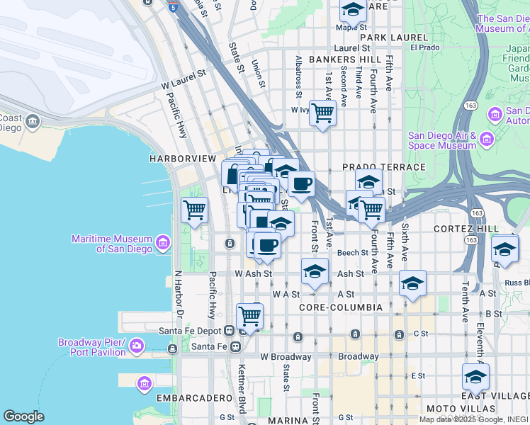 map of restaurants, bars, coffee shops, grocery stores, and more near 550 West Date Street in San Diego