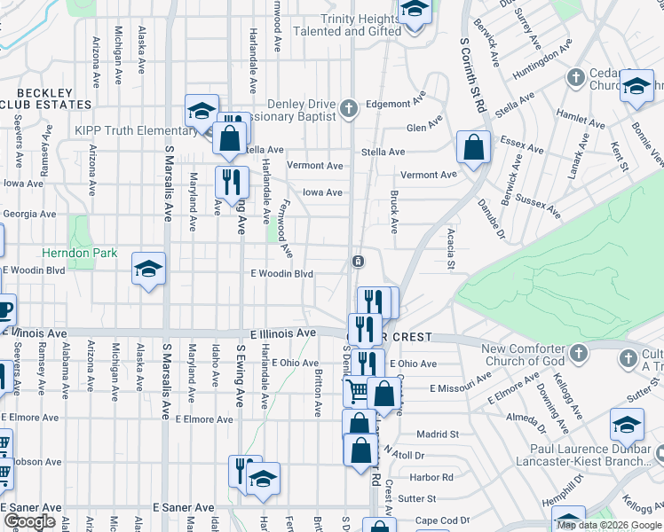 map of restaurants, bars, coffee shops, grocery stores, and more near 1216 East Woodin Boulevard in Dallas