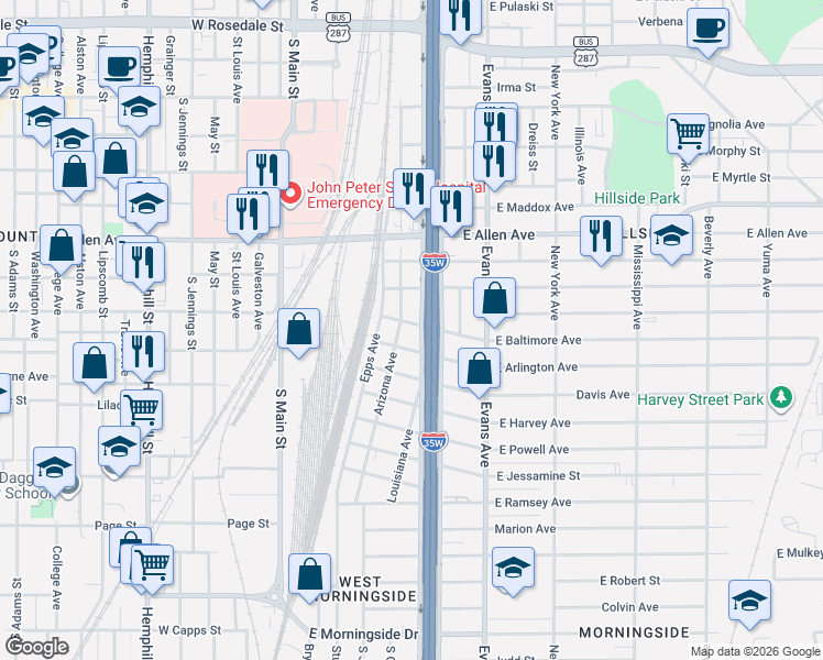 map of restaurants, bars, coffee shops, grocery stores, and more near 709 East Arlington Avenue in Fort Worth