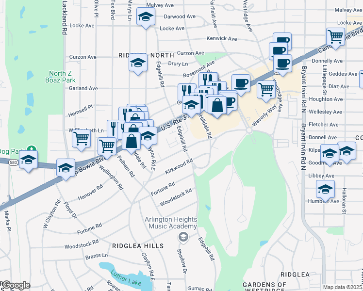 map of restaurants, bars, coffee shops, grocery stores, and more near 6466 Waverly Way in Fort Worth