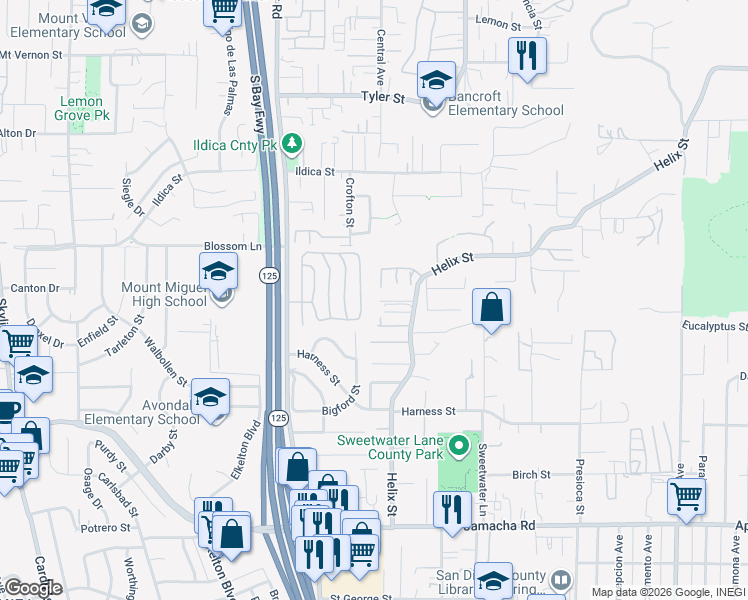 map of restaurants, bars, coffee shops, grocery stores, and more near 1818 Helix Street in Spring Valley