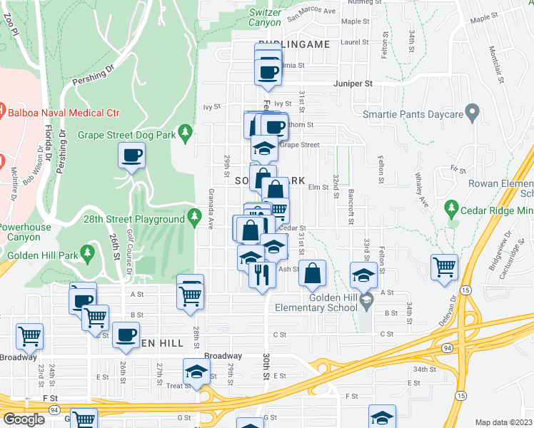 map of restaurants, bars, coffee shops, grocery stores, and more near 1634 Fern Street in San Diego