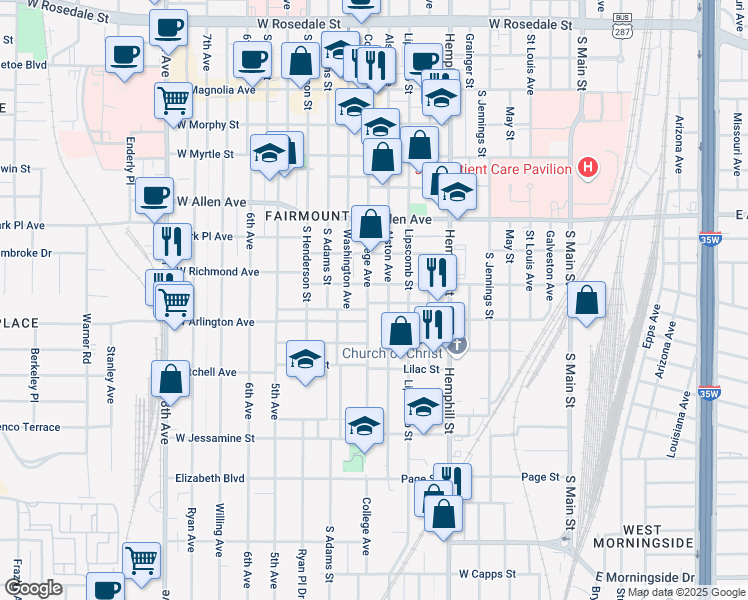 map of restaurants, bars, coffee shops, grocery stores, and more near 1963 College Avenue in Fort Worth