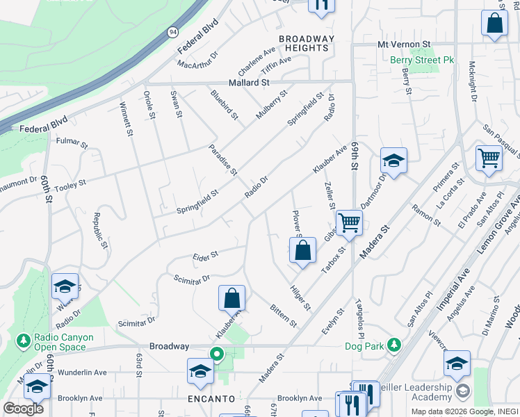 map of restaurants, bars, coffee shops, grocery stores, and more near 1676 Klauber Avenue in San Diego