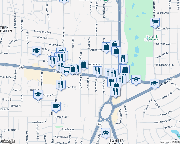 map of restaurants, bars, coffee shops, grocery stores, and more near 7525 Texas 580 Spur in Fort Worth