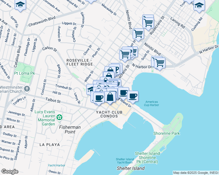 map of restaurants, bars, coffee shops, grocery stores, and more near 1220 Rosecrans Street in San Diego