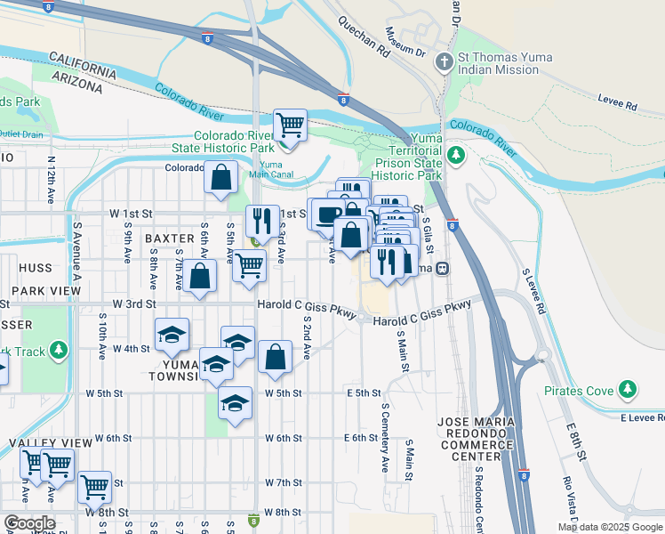 map of restaurants, bars, coffee shops, grocery stores, and more near 256 South 1st Avenue in Yuma