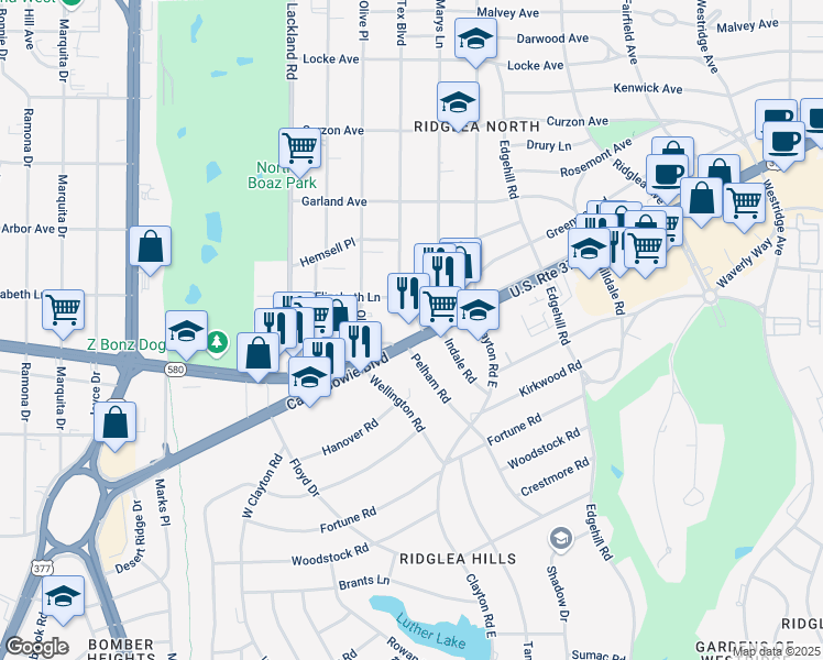 map of restaurants, bars, coffee shops, grocery stores, and more near 6617 Camp Bowie Boulevard in Fort Worth