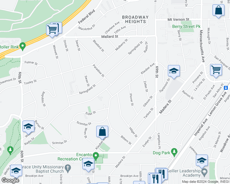 map of restaurants, bars, coffee shops, grocery stores, and more near 1678 Klauber Avenue in San Diego