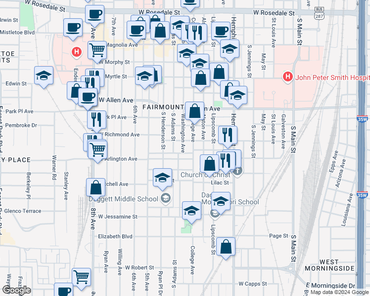 map of restaurants, bars, coffee shops, grocery stores, and more near 1919 Washington Avenue in Fort Worth