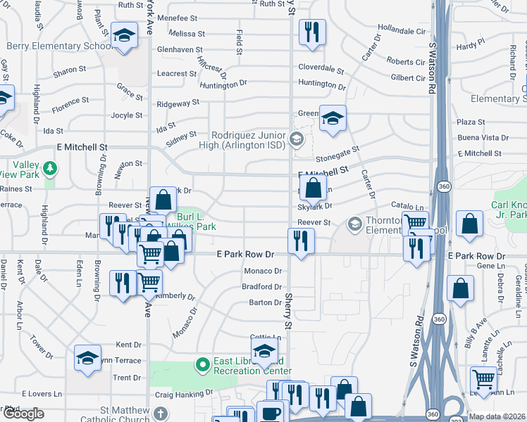 map of restaurants, bars, coffee shops, grocery stores, and more near 2102 Reever Street in Arlington