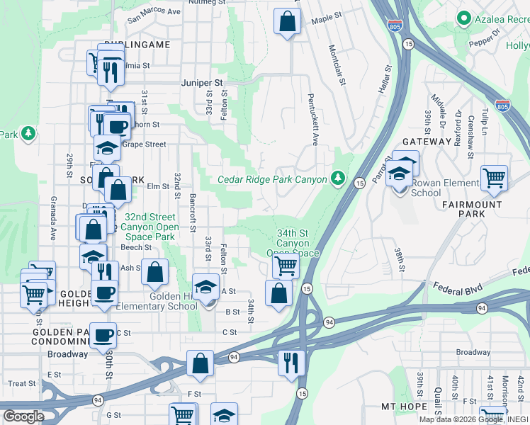 map of restaurants, bars, coffee shops, grocery stores, and more near 1708 Whaley Avenue in San Diego
