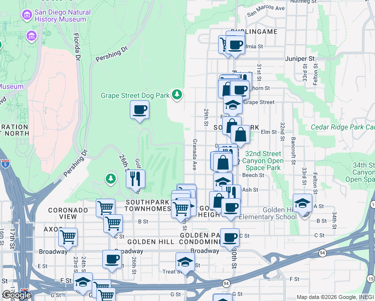 map of restaurants, bars, coffee shops, grocery stores, and more near 1635 28th Street in San Diego