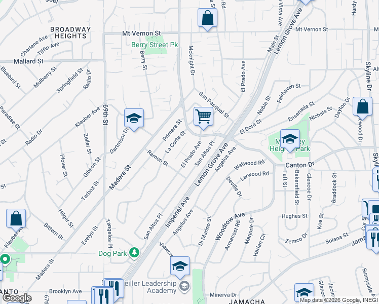 map of restaurants, bars, coffee shops, grocery stores, and more near 1749 El Prado Avenue in Lemon Grove