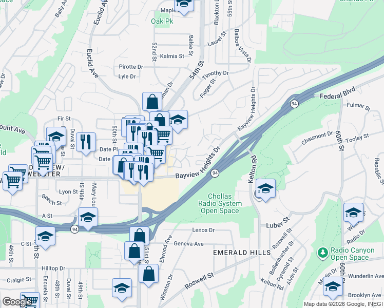 map of restaurants, bars, coffee shops, grocery stores, and more near 1641 Pentecost Way in San Diego