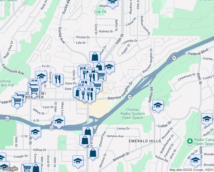map of restaurants, bars, coffee shops, grocery stores, and more near 1625 Pentecost Way in San Diego
