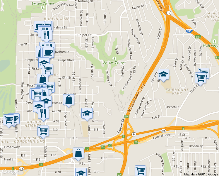map of restaurants, bars, coffee shops, grocery stores, and more near 1708 Whaley Avenue in San Diego