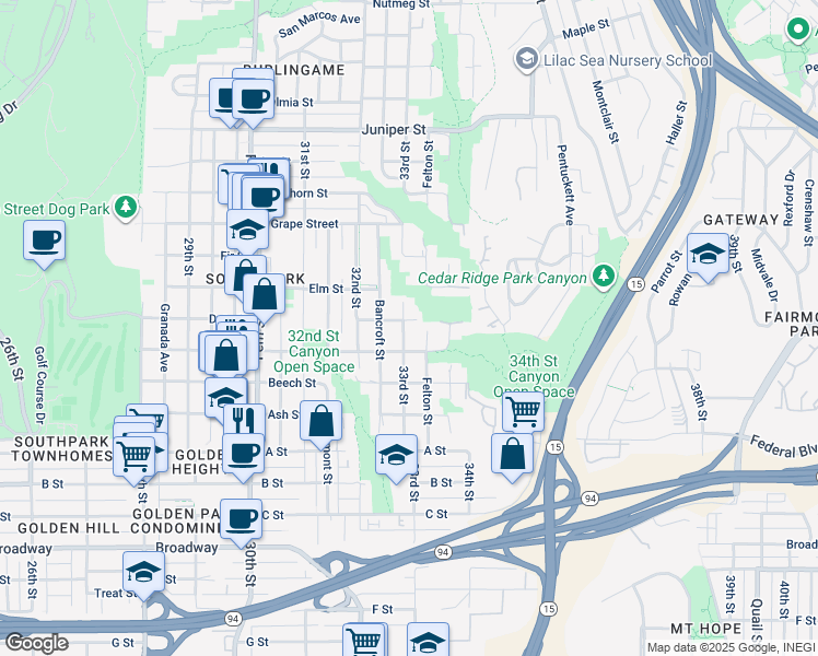 map of restaurants, bars, coffee shops, grocery stores, and more near 3318 Cedar Street in San Diego