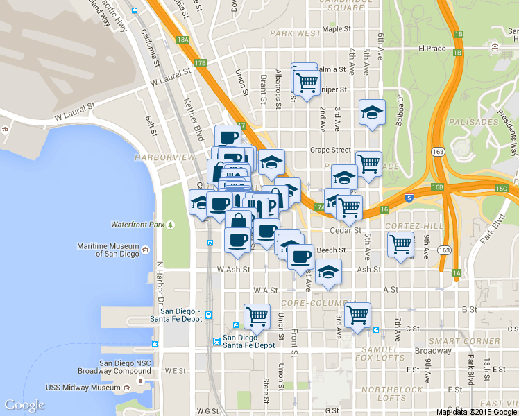 map of restaurants, bars, coffee shops, grocery stores, and more near 1631 State Street in San Diego