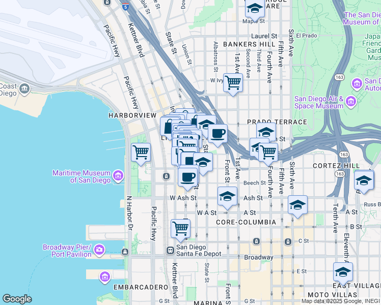 map of restaurants, bars, coffee shops, grocery stores, and more near 550 West Date Street in San Diego
