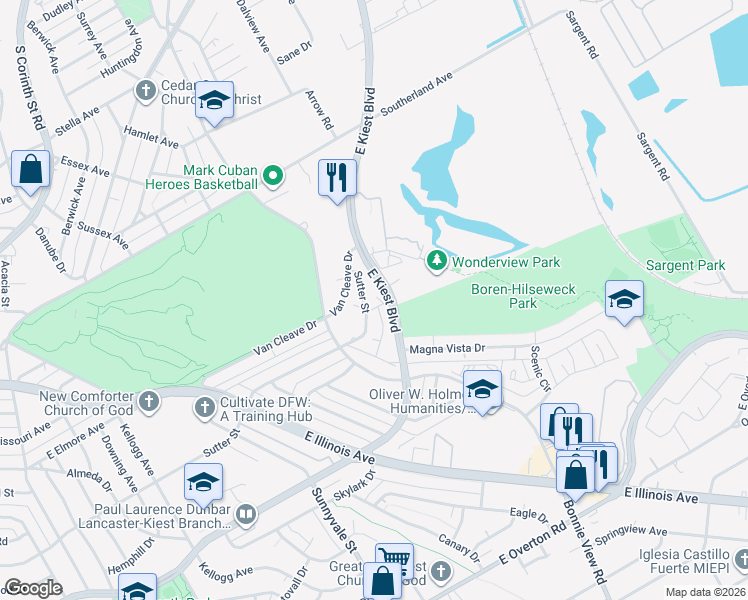 map of restaurants, bars, coffee shops, grocery stores, and more near 2723 East Kiest Boulevard in Dallas