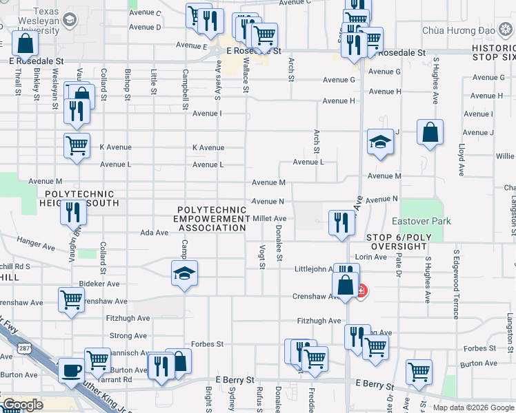 map of restaurants, bars, coffee shops, grocery stores, and more near 2301 Wallace Street in Fort Worth