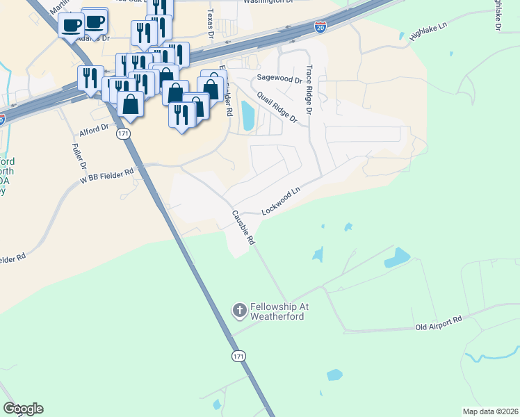 map of restaurants, bars, coffee shops, grocery stores, and more near 320 Lockwood Lane in Weatherford