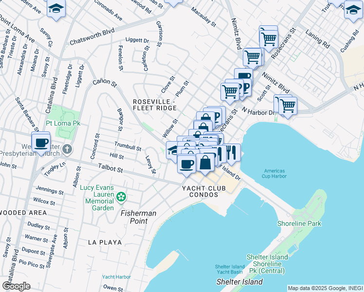map of restaurants, bars, coffee shops, grocery stores, and more near in San Diego