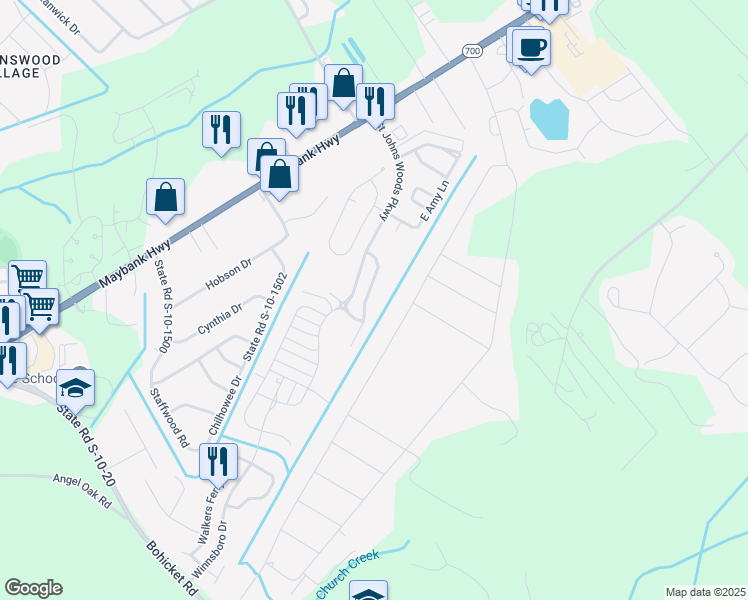 map of restaurants, bars, coffee shops, grocery stores, and more near 3434 Acorn Drop Lane in Johns Island