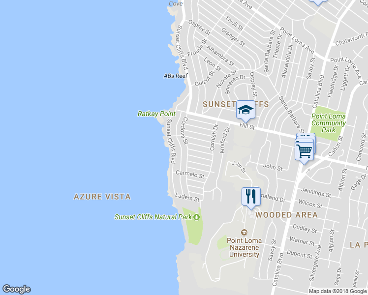 map of restaurants, bars, coffee shops, grocery stores, and more near 874 Cordova Street in San Diego