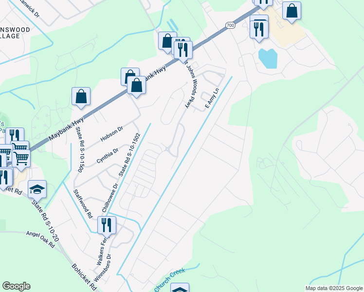 map of restaurants, bars, coffee shops, grocery stores, and more near 3434 Acorn Drop Lane in Johns Island