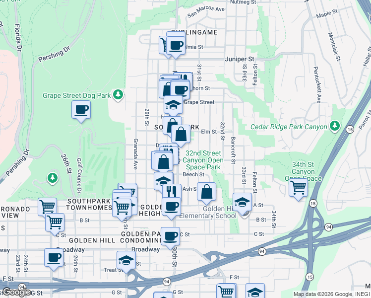 map of restaurants, bars, coffee shops, grocery stores, and more near 1640 Grove Street in San Diego